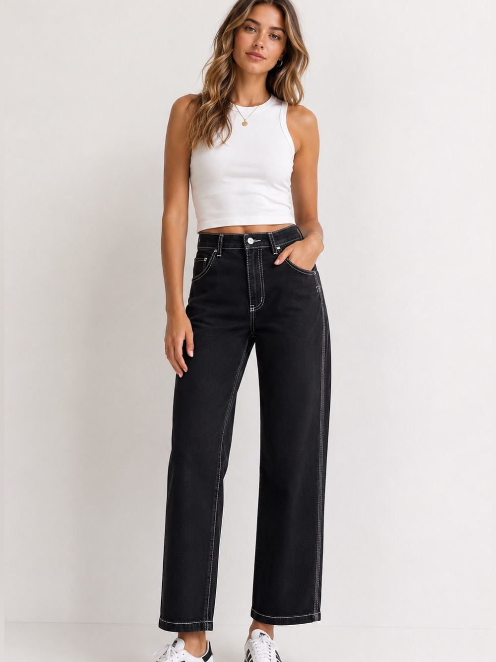 Zara Black High Rise Straight Leg Jeans Contrast Stitch Minimalist 31